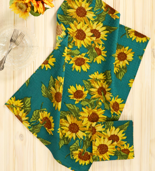 April Cornell - Sunflower Valley Teal Waffle Weave Tea Towel