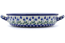 Load image into Gallery viewer, 13" Round Baker with Handles - Polish Pottery - Bleeding Heart Peacock - Ceramika Artystyczna