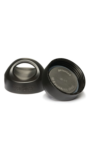 Black plastic lid has a wide loop handle. Stainless steel inside. Klean Kanteen etched in the side of the cap.