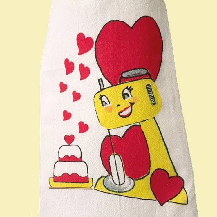 Love Cake Valentine Hearts Retro Flour Sack Kitchen Towel