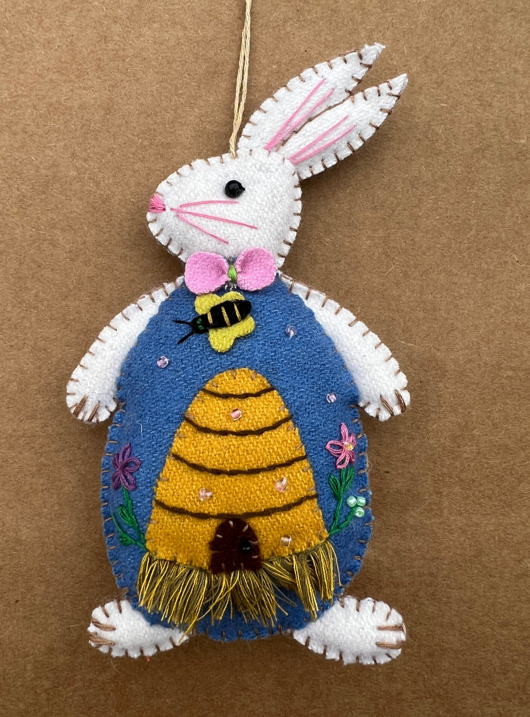Embroidered Felt Bunny Ornament with Bee Skep