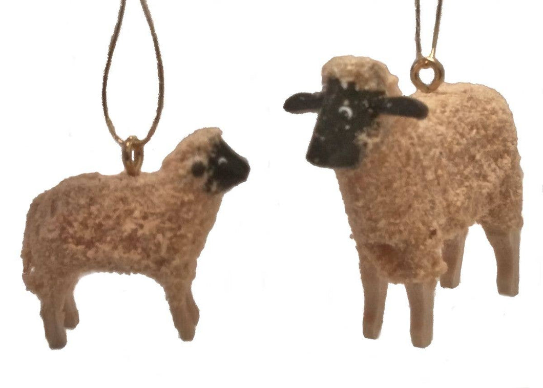 SET/2 White Sheep German Wood Christmas Ornament