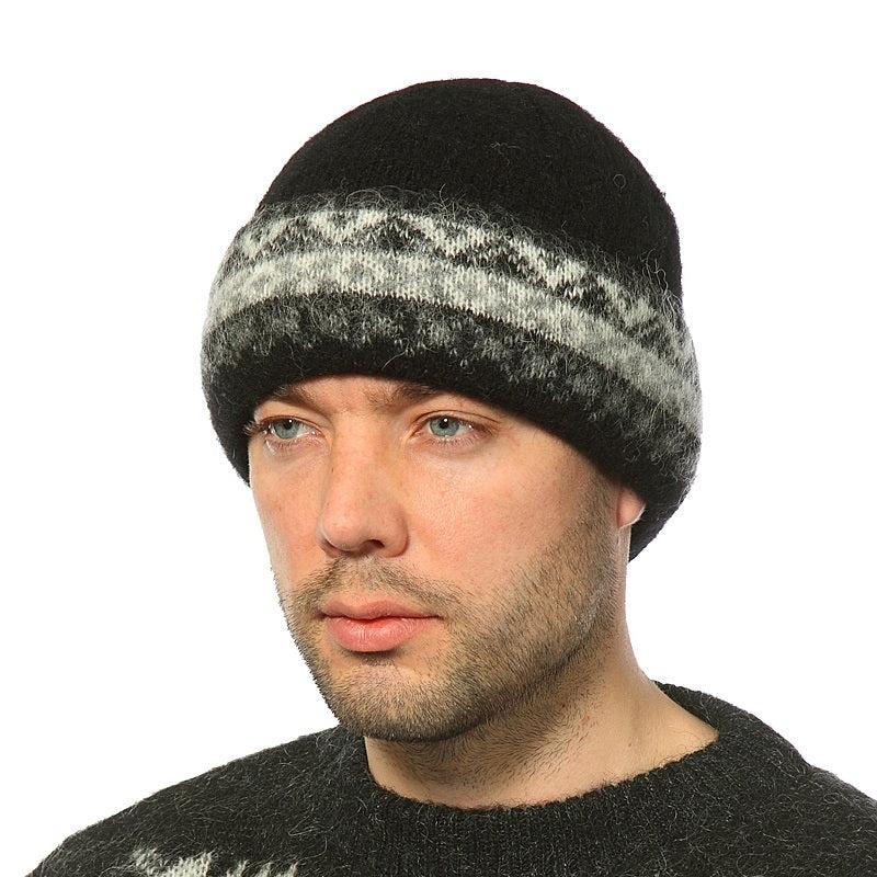 Icelandic Wool Double Cuff Toque - Black/Grey