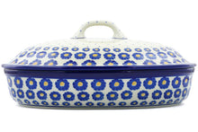 Load image into Gallery viewer, 12&quot; Covered Baker - Polish Pottery - Blue Zinnia - Ceramika Artystyczna
