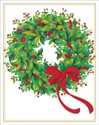 Holly and Berry Wreath with Ribbon - Caspari Boxed Christmas Cards