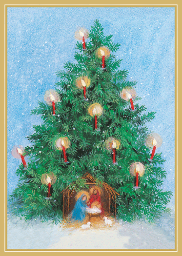 Tree with Candles and Creche Caspari Boxed Christmas Cards