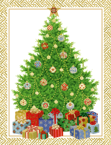 Christmas Tree with Ceramic Ornaments Caspari Boxed Christmas Cards