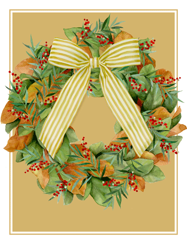 Magnolia Wreath with Striped Bow Caspari Boxed Christmas Cards