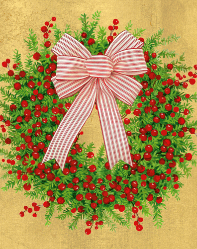 Greenery And Berry Wreath With Bow - Caspari Boxed Cards