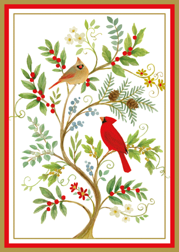 Cardinals and Twinning Branch Christmas Card - Caspari Boxed Cards