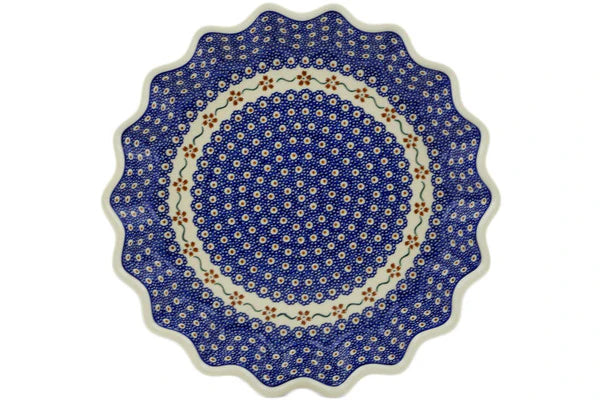 13" Fluted Pie Dish - Polish Pottery - Sweet Red Flower - Zaklady Ceramiczne