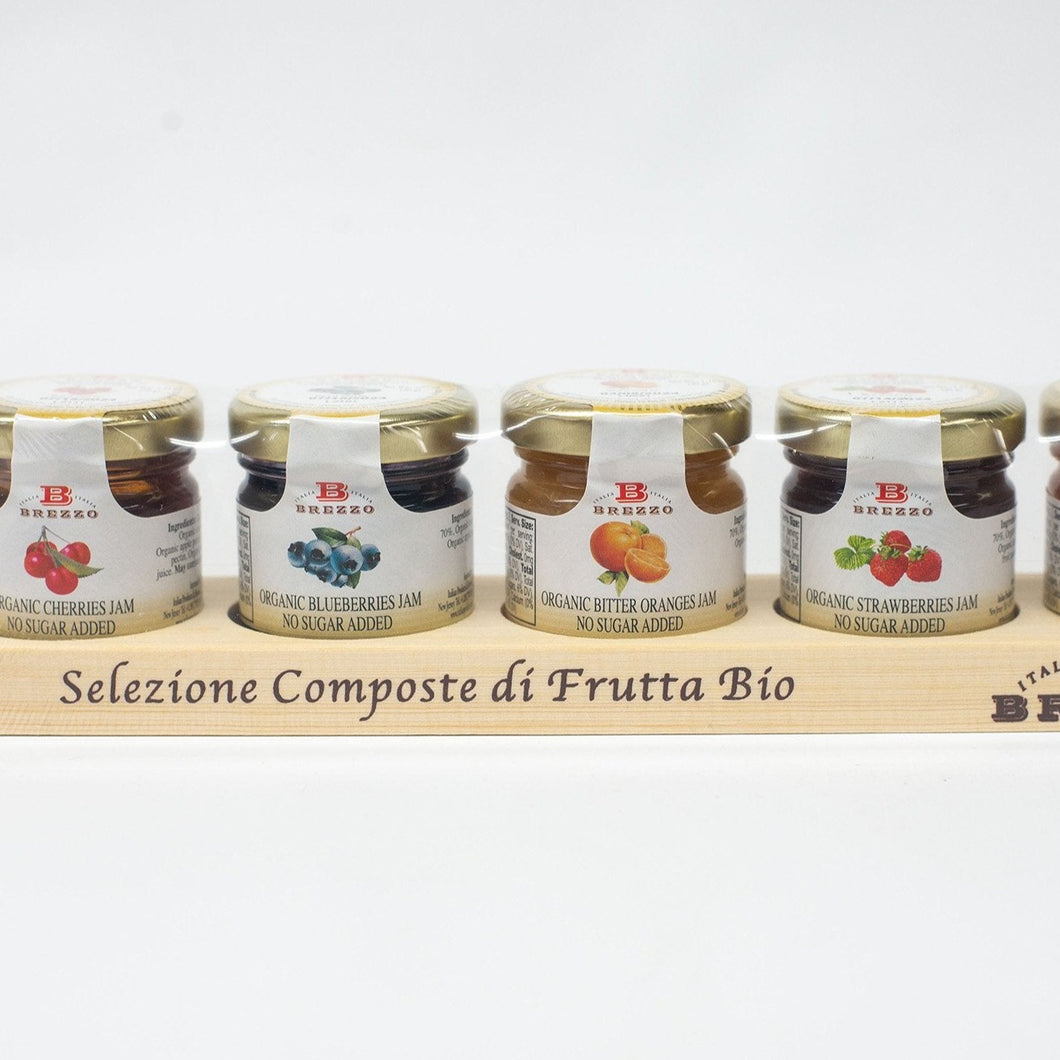 Brezzo Organic Fruit Jams from Italy in Wooden Tray