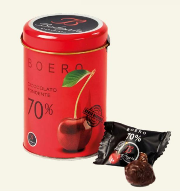 Dark Chocolate Covered Grappa-Dipped Boeri Cherries in Tin