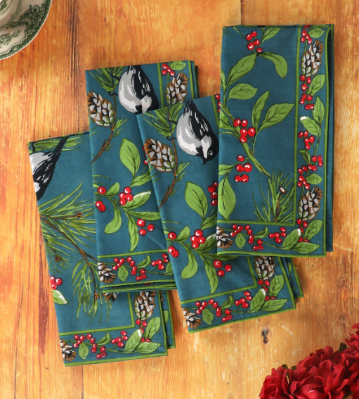 April Cornell - Winter Blue Chickadee Napkins, Set of 4