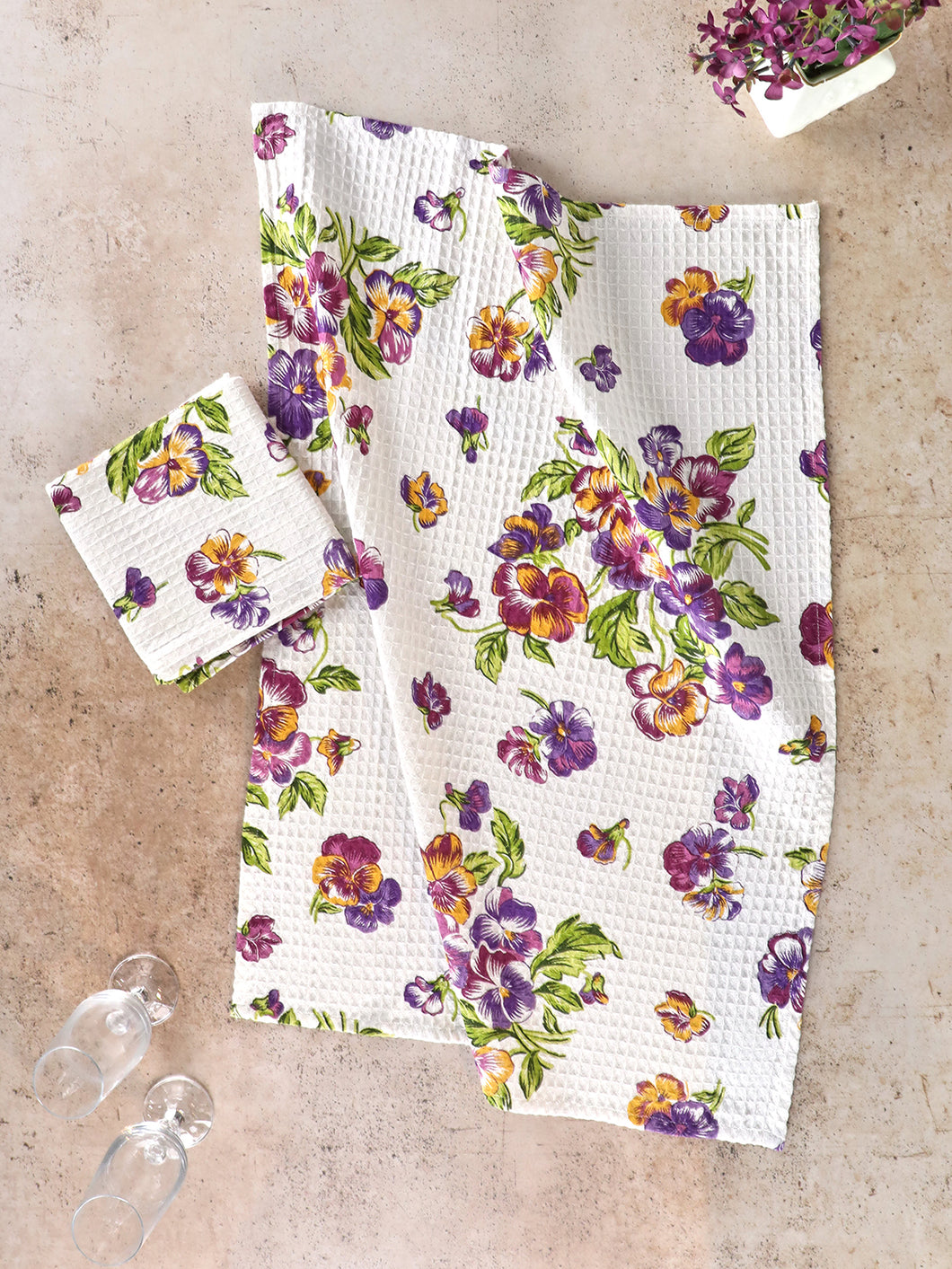 April Cornell - Pansies Waffle Weave Tea Towel - Ecru