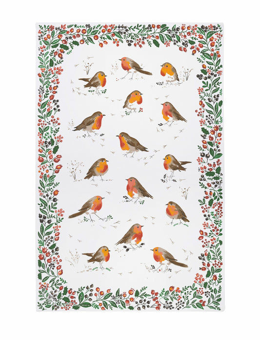 Robins and Berries Tea Towel