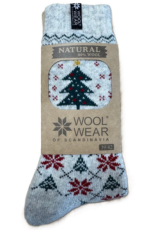 Wool Wear Scandinavian Socks - Christmas Tree Design - Ash