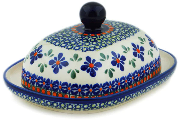 Butter Dish - Polish Pottery - Gingham Flowers - Zaklady Ceramiczne