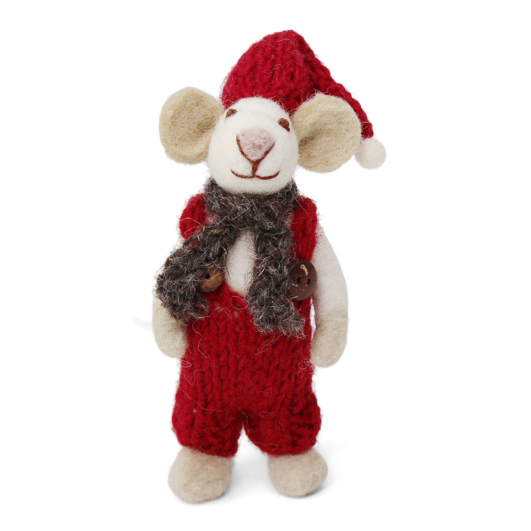 Small White Mouse with Hat, Scarf, and Red Pants