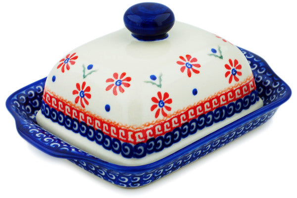 Butter Dish - Polish Pottery - Red Daisy - Ceramika Bona