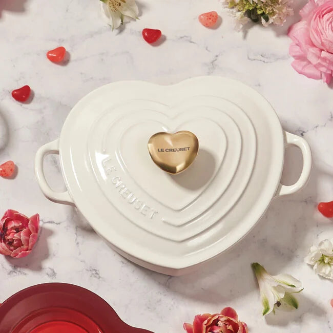 Le Creuset Shallow Heart Baker with Gold Heart Knob - White – At Home ...