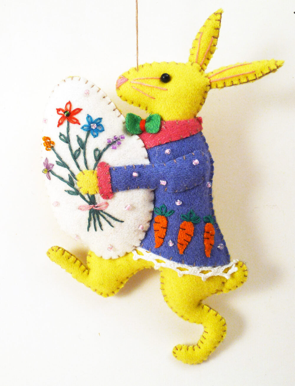 Embroidered  Felt  Rabbit in Carrot-Trimmed Coat with Easter Egg