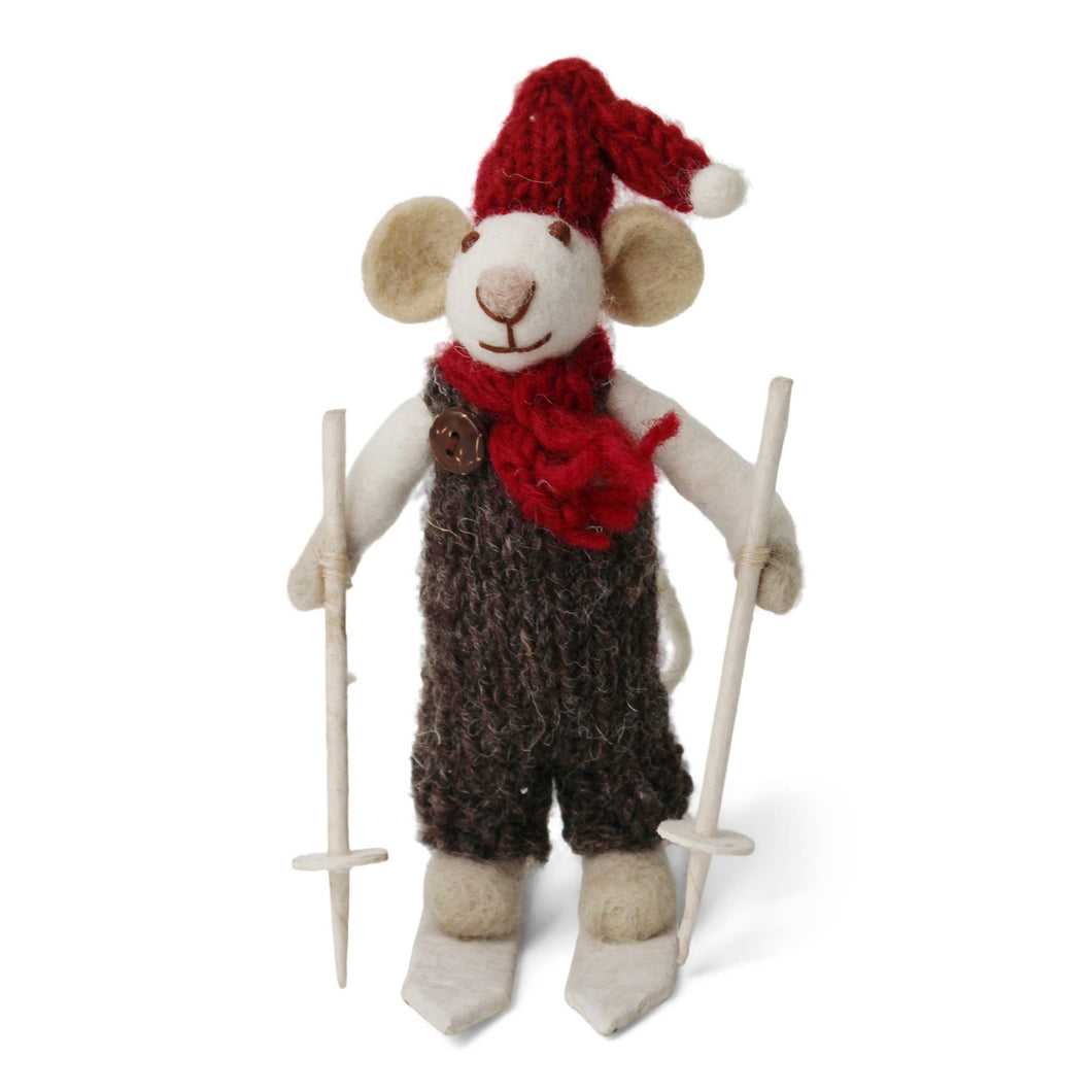 Small White Boy Mouse on Skis w/Red Hat & Scarf