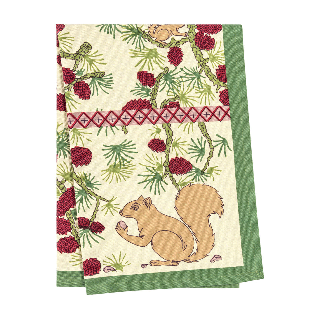 Squirrel and Pinecone Red & Brown Tea Towel- Couleur Nature