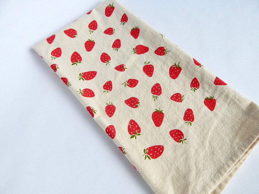 The High Fiber - Strawberry Kitchen Towel, Handprinted Tea Towel, Berry Towel