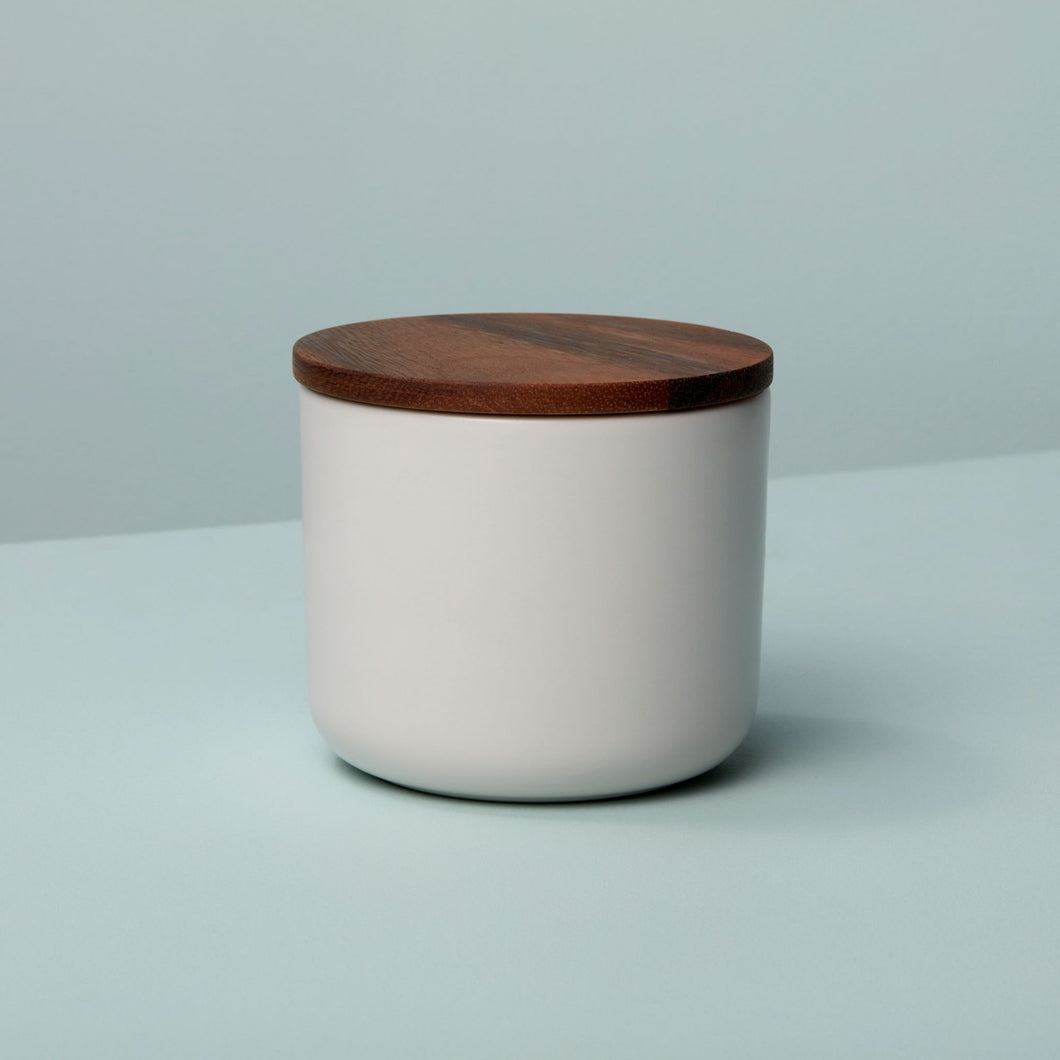 Medium Stoneware Container with Acacia Lid, White