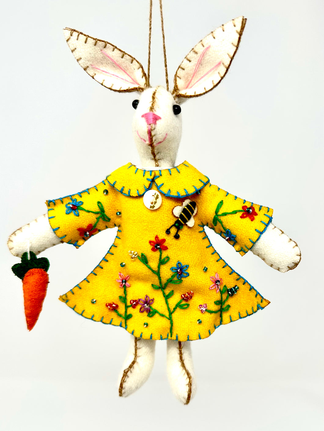 Embroidered Felt Easter Bunny in Yellow Dress