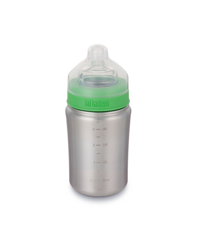Brushed stainless steel contoured bottle with bright green cap and clear silicone nipple. Bottle has a clear cap that covers the nipple. Milileter and ounce lines are marked on the side of the bottle.