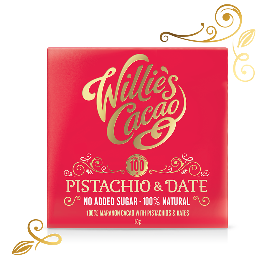 Willie's Cacao Pistachio & Date 100% cacao naturally sweetened with fruit and nuts