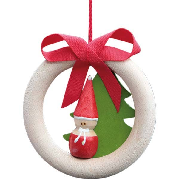 Wood Santa & Tree in Ring Ornament