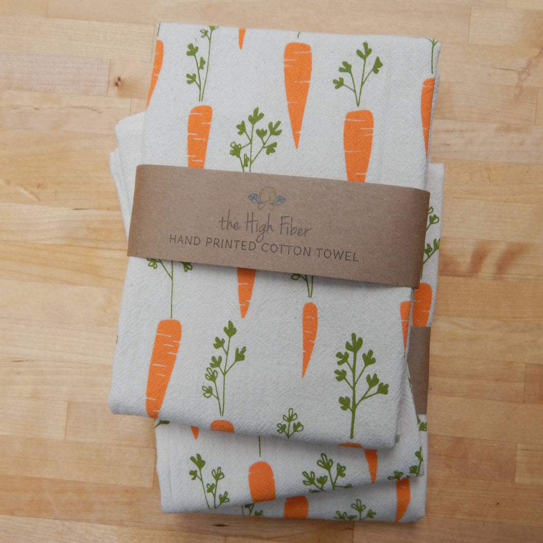 The High Fiber - Carrot Kitchen Towel, Handprinted Tea Towel, Garden Towel