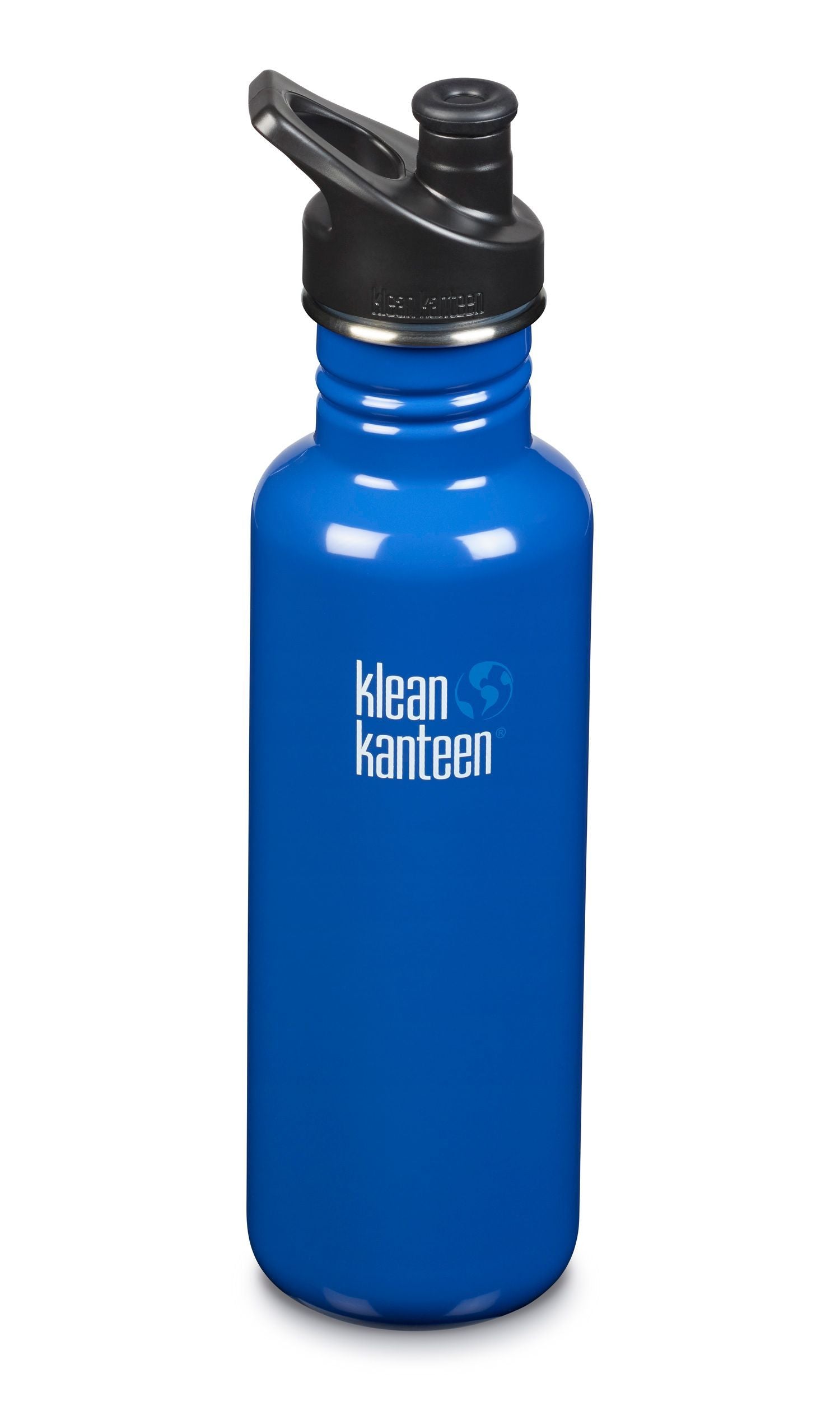 Orange/Red stainless steel water bottle with a black plastic sports cap. "Klean Kanteen" logo printed on bottle in white.