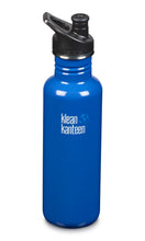 Load image into Gallery viewer, Orange/Red stainless steel water bottle with a black plastic sports cap. &quot;Klean Kanteen&quot; logo printed on bottle in white.
