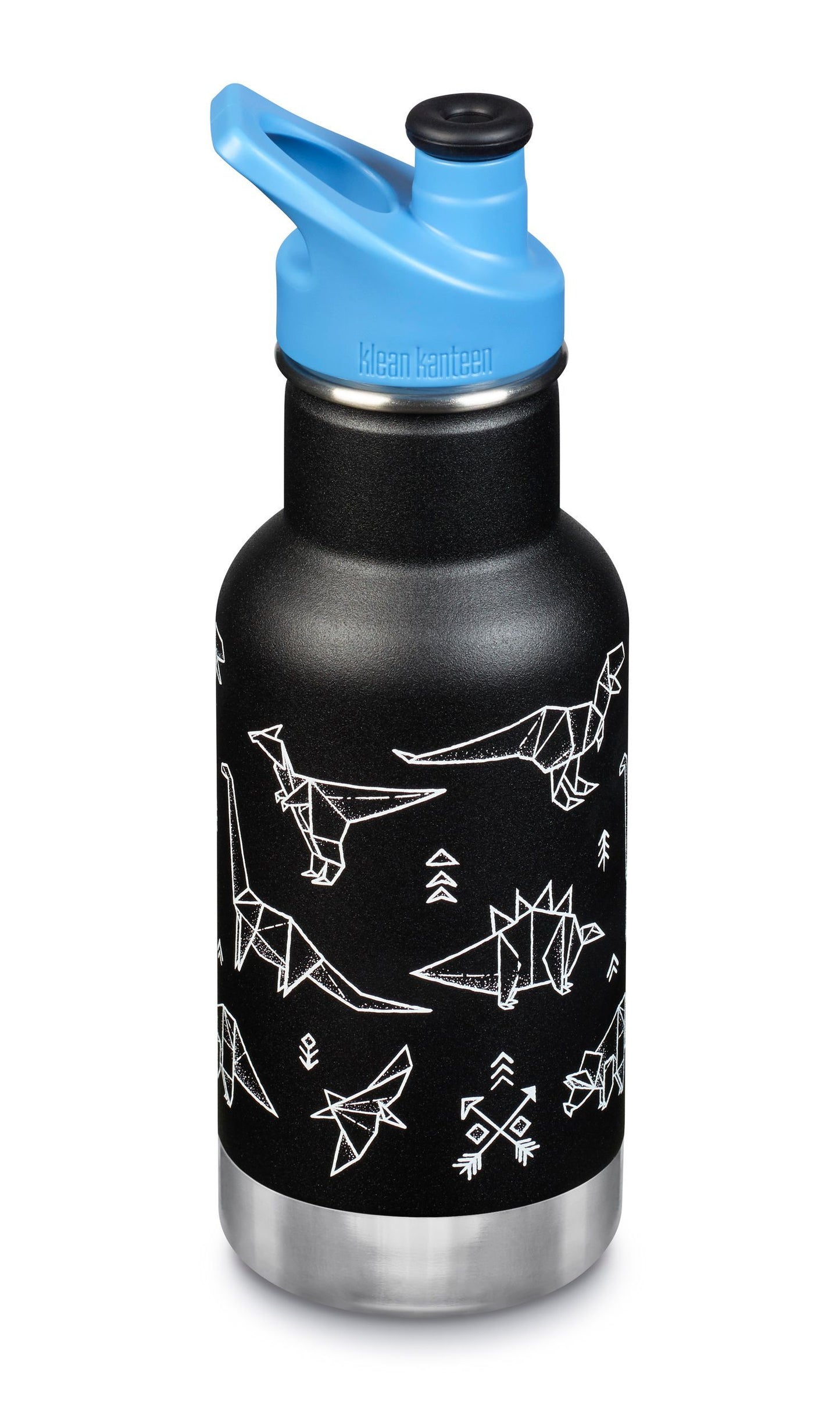 Matte medium bright blue insulated bottle with a stainless steel base and a blue plastic lid. "Klean Kanteen Insulated" logo printed on bottle in white.