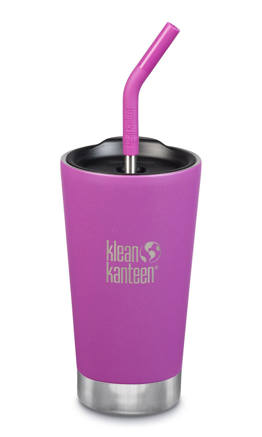 Matte black insulated tumbler with stainless steel base. "Klean Kanteen" logo printed on the tumbler in white. Black plastic lid with a steel straw that has a black silicone mouth piece.