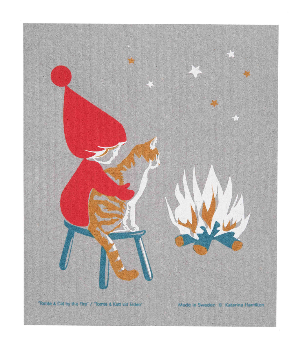 Swedish Dishcloth, Tomte & Cat By the Fire