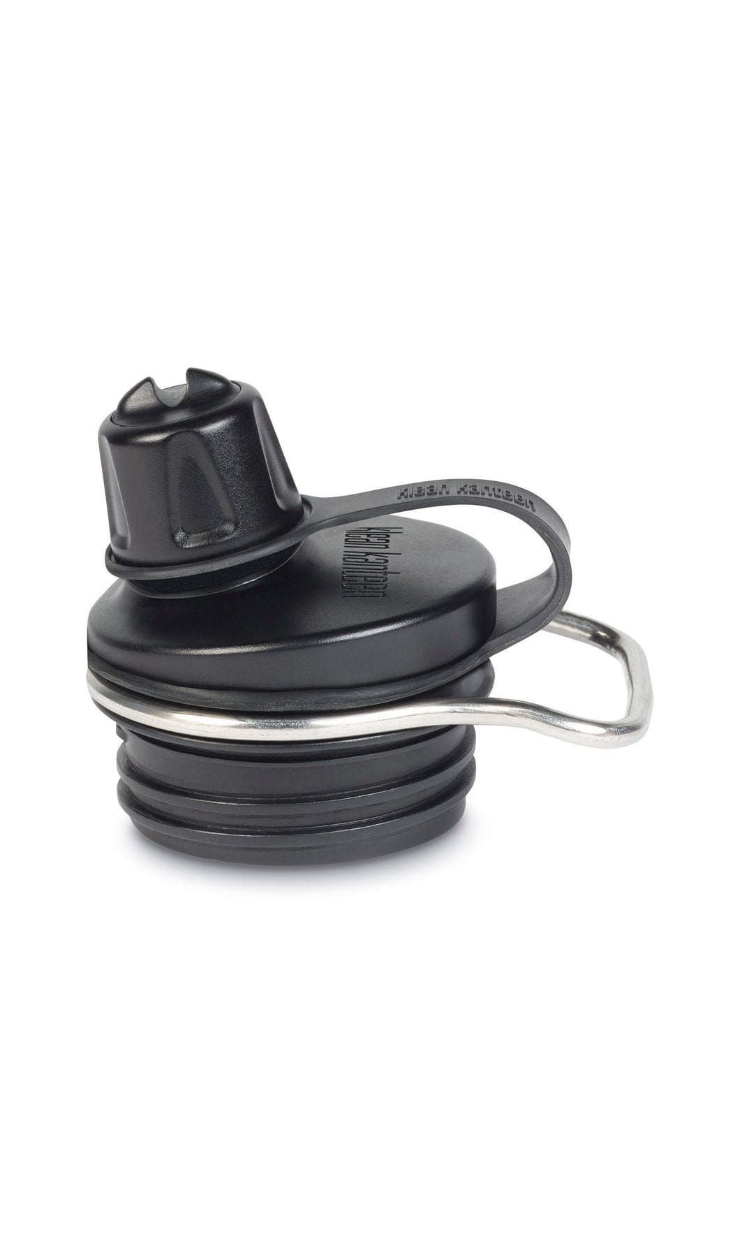 Black plastic cap with a cover that screws on to keep the large mouth piece closed. Stainless steel ring handle sits at the top of the threads of the cap.