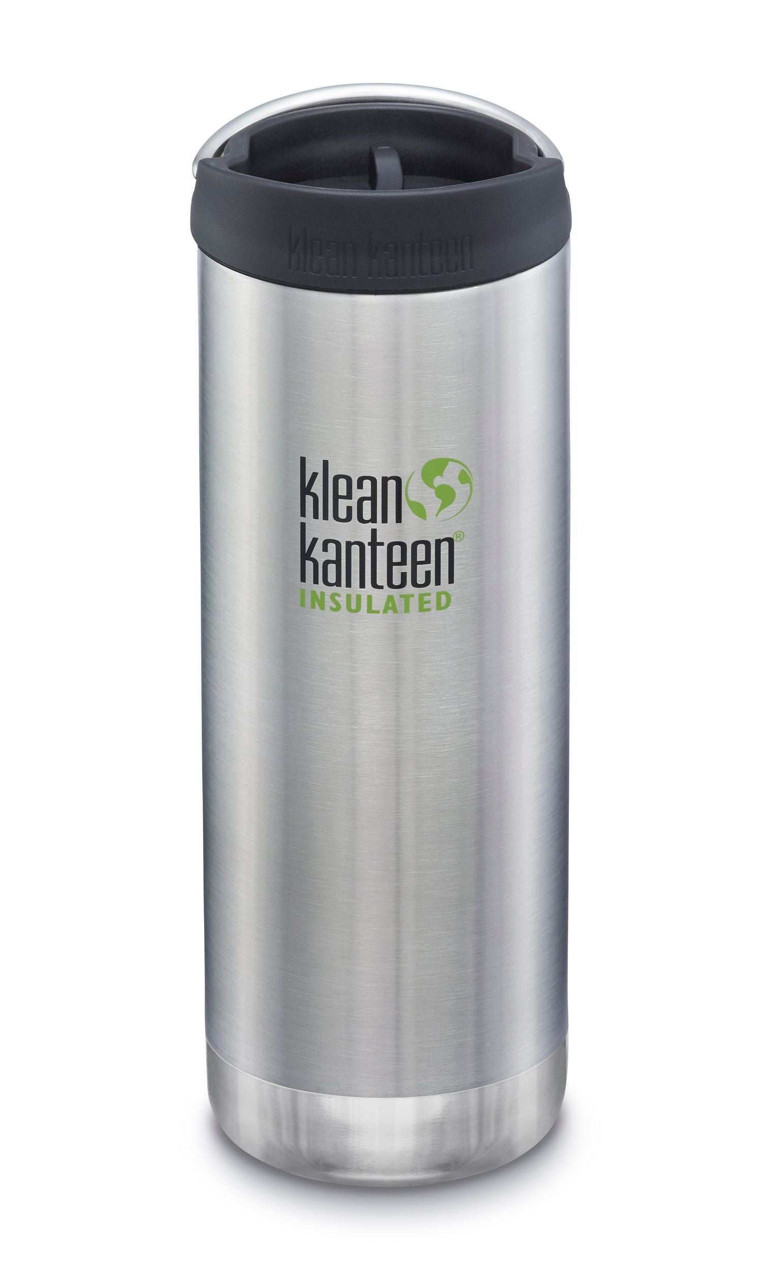 Matte pink insulated stainless steel bottle with a straight silhouette. "Klean Kanteen Insulated" logo printed on the bottle in white. Black pastic lid with a slide tab to open and close the drinking hole and a stainless handle.